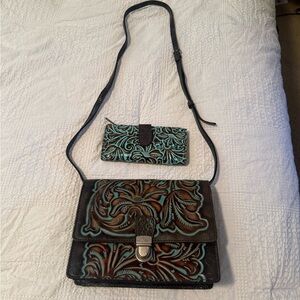 Tooled Leather Crossbody Bag with Wallet - Turquoise Accents